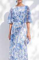 Laden Sie das Bild in den Galerie-Viewer, Weiß-blaue Blume Meerjungfrau-Chiffon-Bateau-Hals mit langem, rüschendem Mutter-der-Braut-Kleid