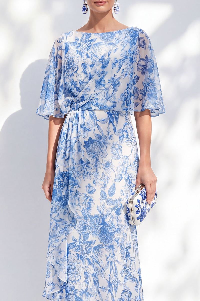 Laden Sie das Bild in den Galerie-Viewer, Weiß-blaue Blume Meerjungfrau-Chiffon-Bateau-Hals mit langem, rüschendem Mutter-der-Braut-Kleid