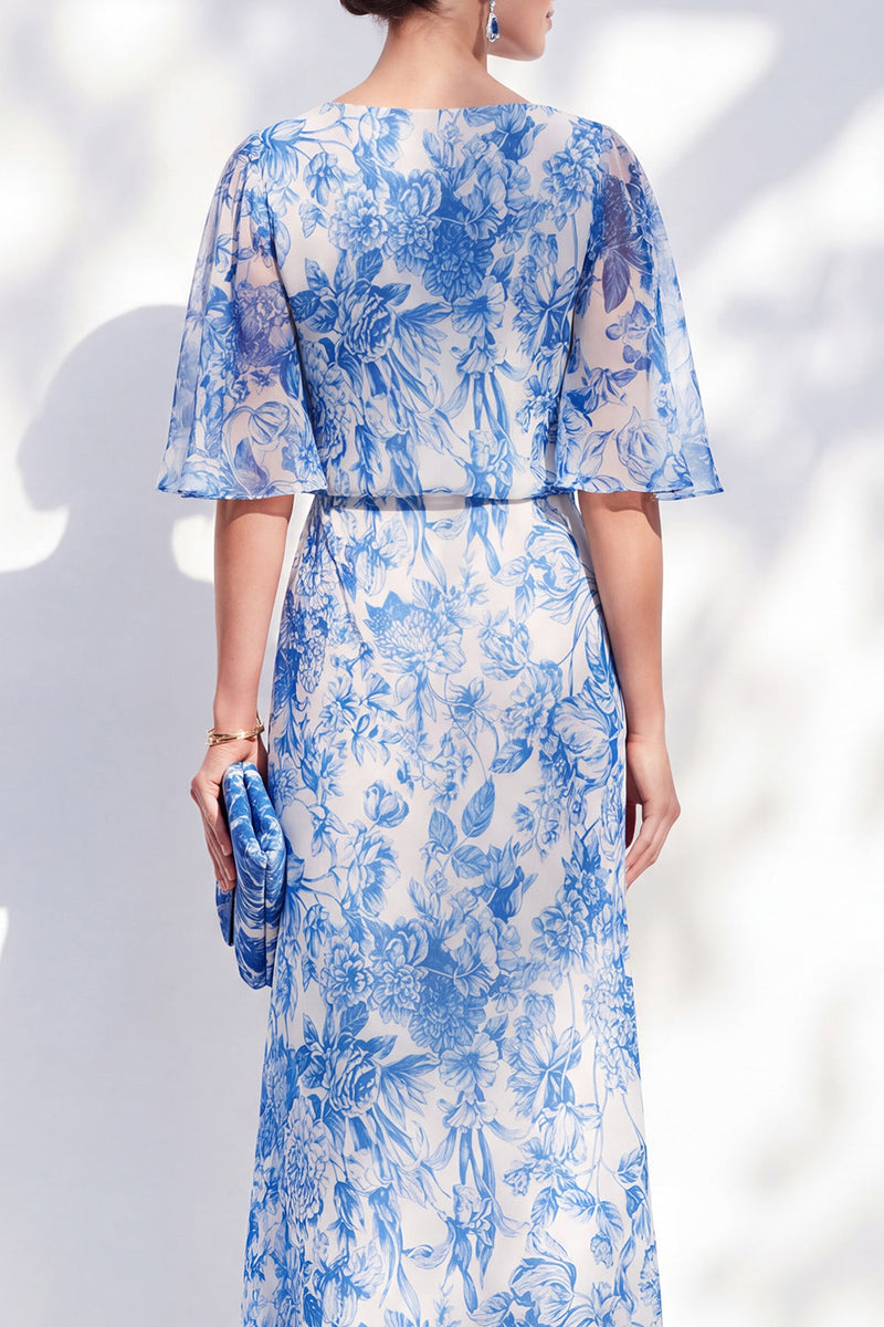 Laden Sie das Bild in den Galerie-Viewer, Weiß-blaue Blume Meerjungfrau-Chiffon-Bateau-Hals mit langem, rüschendem Mutter-der-Braut-Kleid