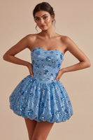 Laden Sie das Bild in den Galerie-Viewer, Glitzerndes A-Linie-Himmelblaues Sweetheart Pailletten-Homecoming-Kleid