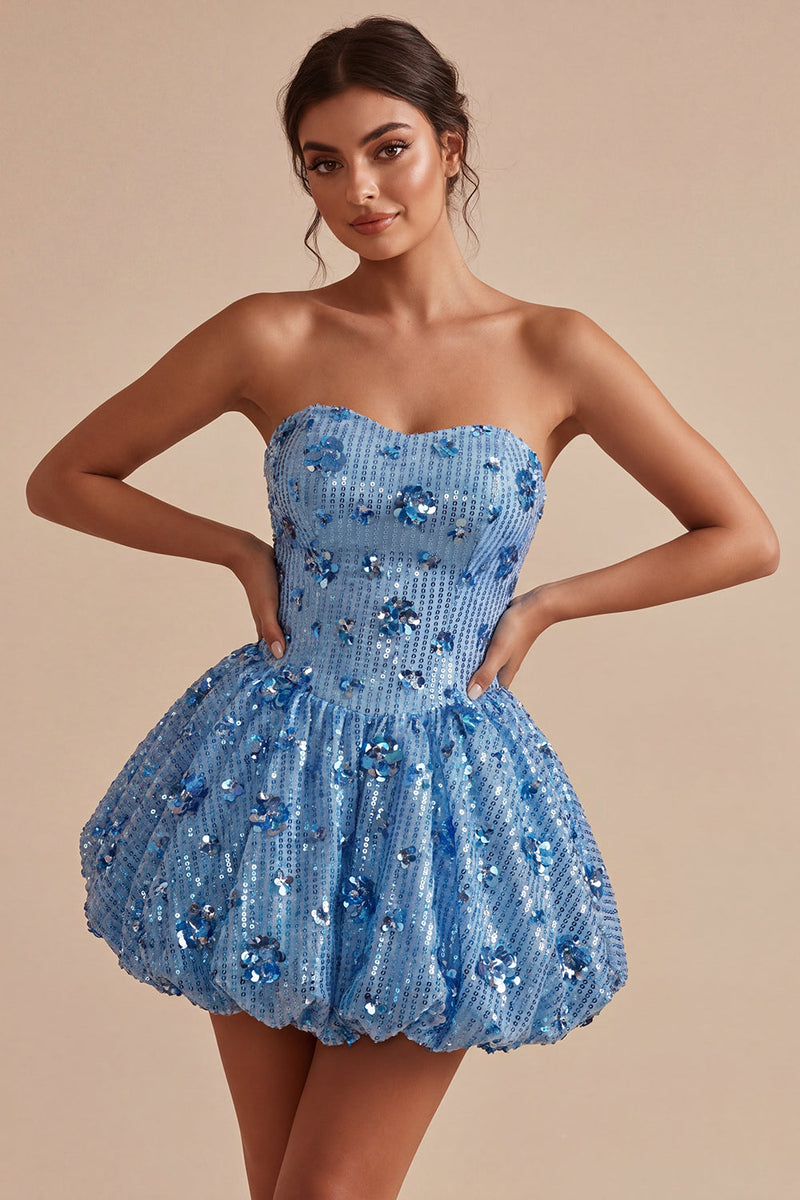 Laden Sie das Bild in den Galerie-Viewer, Glitzerndes A-Linie-Himmelblaues Sweetheart Pailletten-Homecoming-Kleid