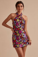 Laden Sie das Bild in den Galerie-Viewer, Glitzerndes schwarzes Blumenneckholder-Neckholder-Bodycon-Pailletten-Homecoming-Kleid