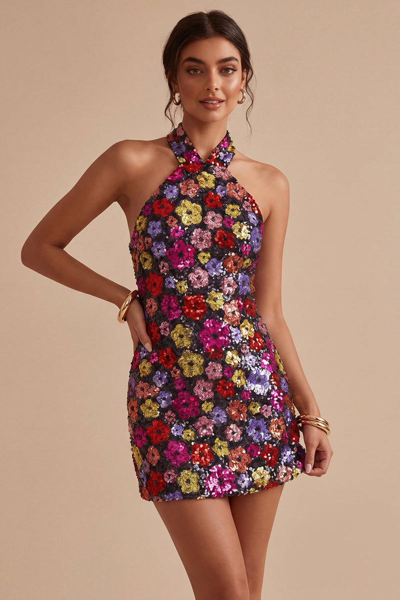 Laden Sie das Bild in den Galerie-Viewer, Glitzerndes schwarzes Blumenneckholder-Neckholder-Bodycon-Pailletten-Homecoming-Kleid