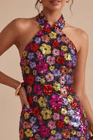 Laden Sie das Bild in den Galerie-Viewer, Glitzerndes schwarzes Blumenneckholder-Neckholder-Bodycon-Pailletten-Homecoming-Kleid