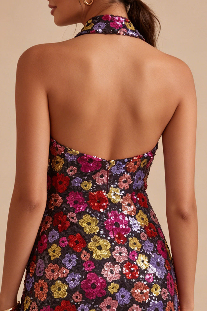 Laden Sie das Bild in den Galerie-Viewer, Glitzerndes schwarzes Blumenneckholder-Neckholder-Bodycon-Pailletten-Homecoming-Kleid