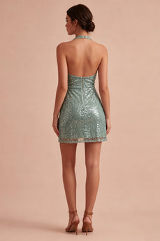 Glitzerndes hellgrünes Neckholder-Neckholder-Cocktailkleid aus Mini-Pailletten