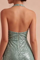Laden Sie das Bild in den Galerie-Viewer, Glitzerndes hellgrünes Neckholder-Neckholder-Cocktailkleid aus Mini-Pailletten