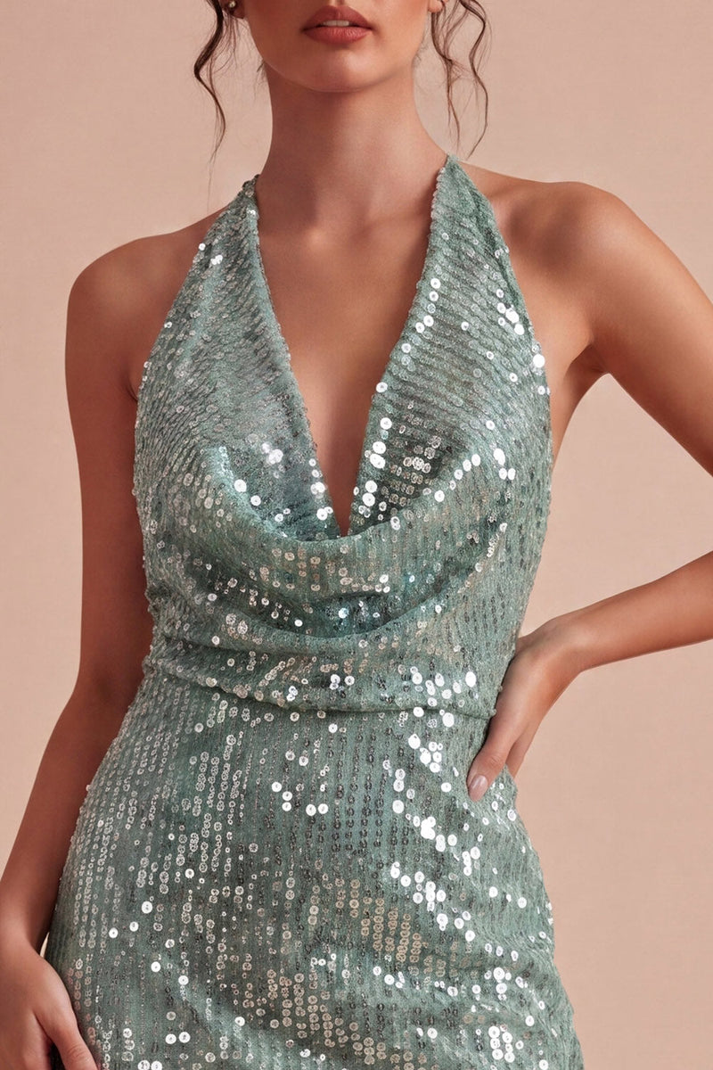 Laden Sie das Bild in den Galerie-Viewer, Glitzerndes hellgrünes Neckholder-Neckholder-Cocktailkleid aus Mini-Pailletten