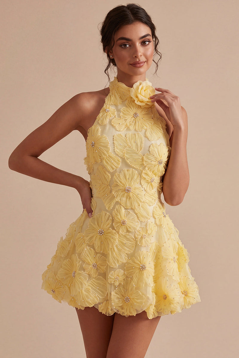 Laden Sie das Bild in den Galerie-Viewer, A-Line Daffodil Blumen-Neckholder-Homecoming-Kleid mit Perlen