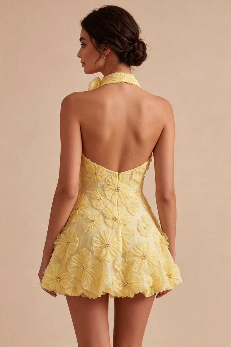 Laden Sie das Bild in den Galerie-Viewer, A-Line Daffodil Blumen-Neckholder-Homecoming-Kleid mit Perlen