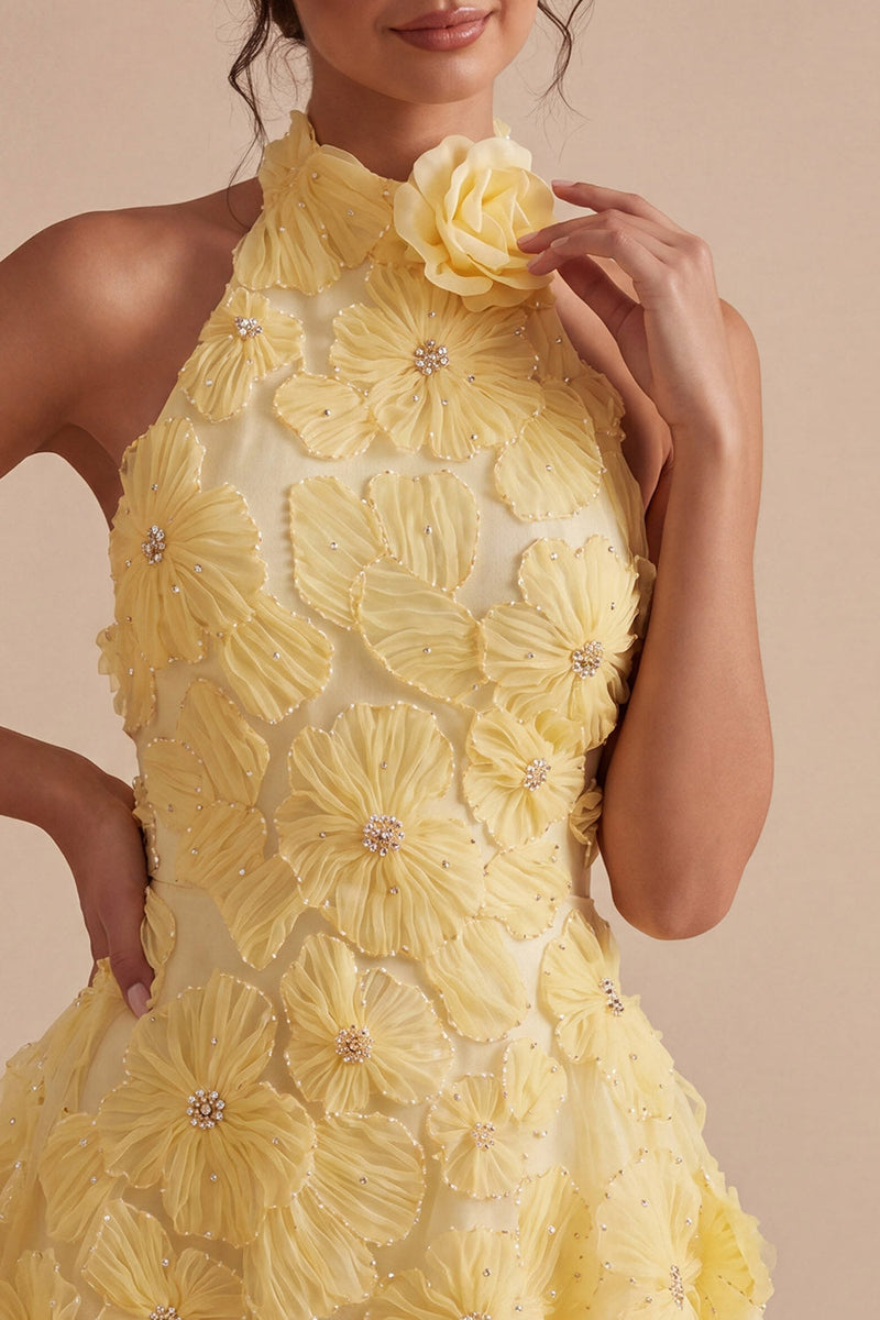 Laden Sie das Bild in den Galerie-Viewer, A-Line Daffodil Blumen-Neckholder-Homecoming-Kleid mit Perlen