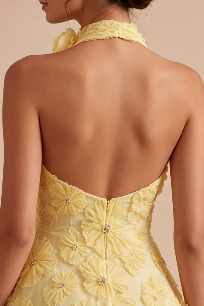 Laden Sie das Bild in den Galerie-Viewer, A-Line Daffodil Blumen-Neckholder-Homecoming-Kleid mit Perlen