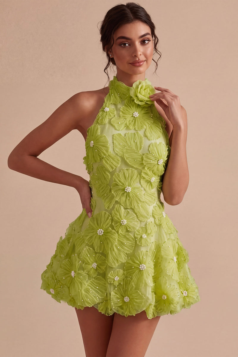 Laden Sie das Bild in den Galerie-Viewer, A-Linie Daffodil Blumen Neckholder Kurzes Abendkleid mit Perlen