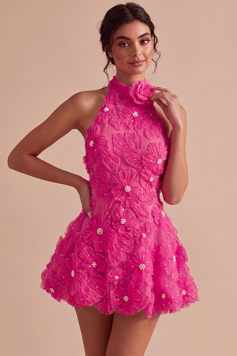 Laden Sie das Bild in den Galerie-Viewer, A-Linie Daffodil Blumen Neckholder Kurzes Abendkleid mit Perlen