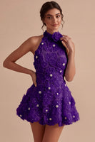 Laden Sie das Bild in den Galerie-Viewer, A-Linie Daffodil Blumen Neckholder Kurzes Abendkleid mit Perlen