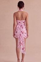 Laden Sie das Bild in den Galerie-Viewer, Pinkes Blumenneckholder-Neckholder-Mini-Mini-Cocktailkleid mit Schleife