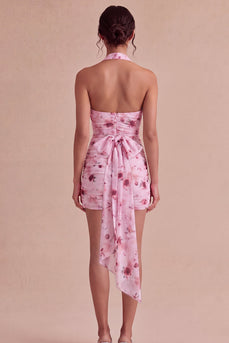 Pinkes Blumenneckholder-Neckholder-Mini-Mini-Cocktailkleid mit Schleife