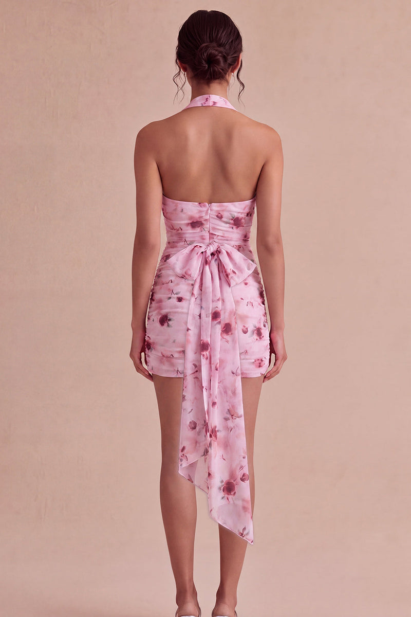 Laden Sie das Bild in den Galerie-Viewer, Pinkes Blumenneckholder-Neckholder-Mini-Mini-Cocktailkleid mit Schleife