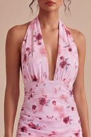 Laden Sie das Bild in den Galerie-Viewer, Pinkes Blumenneckholder-Neckholder-Mini-Mini-Cocktailkleid mit Schleife