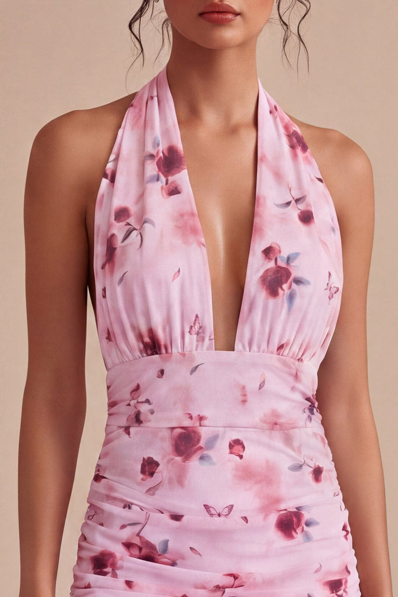 Laden Sie das Bild in den Galerie-Viewer, Pinkes Blumenneckholder-Neckholder-Mini-Mini-Cocktailkleid mit Schleife
