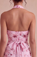 Laden Sie das Bild in den Galerie-Viewer, Pinkes Blumenneckholder-Neckholder-Mini-Mini-Cocktailkleid mit Schleife