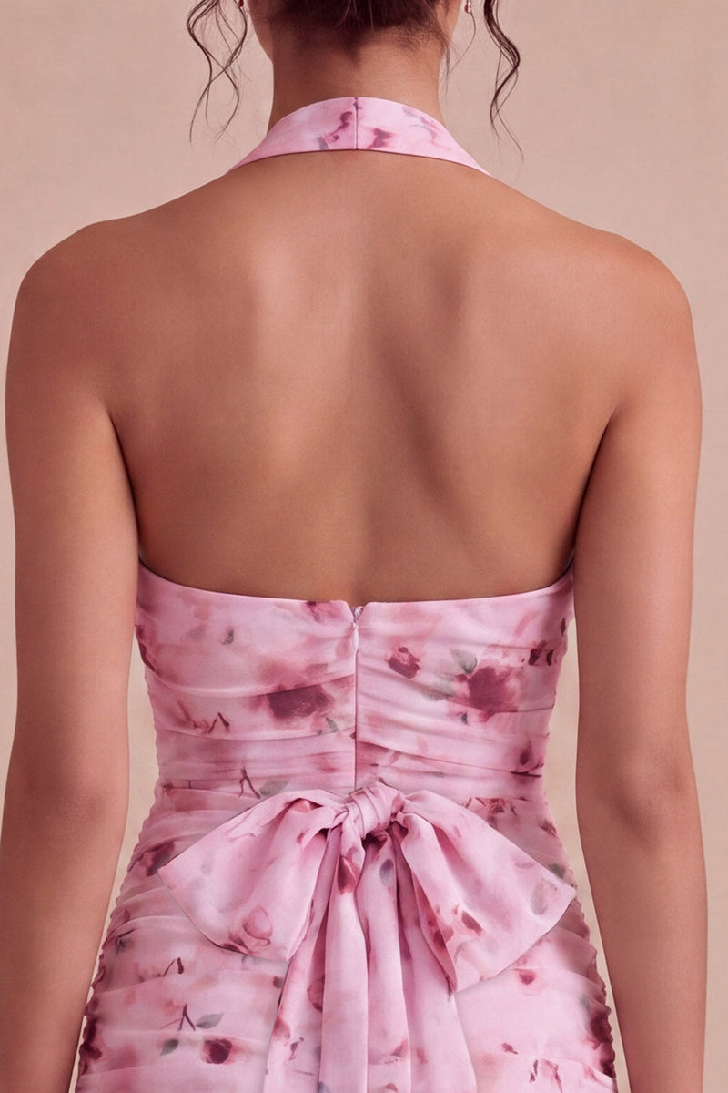 Laden Sie das Bild in den Galerie-Viewer, Pinkes Blumenneckholder-Neckholder-Mini-Mini-Cocktailkleid mit Schleife