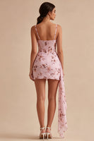 Laden Sie das Bild in den Galerie-Viewer, Pinkes Blumenkorsett – enges Chiffon-Mini-Cocktailkleid mit Schärpe