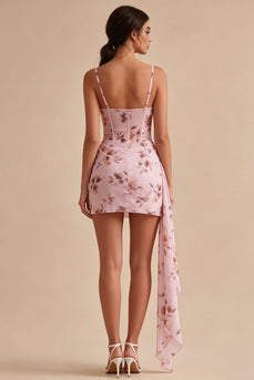 Rosa Blumen Korsett Enges Chiffon Mini Cocktailkleid mit Schärpe