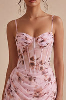 Laden Sie das Bild in den Galerie-Viewer, Pinkes Blumenkorsett – enges Chiffon-Mini-Cocktailkleid mit Schärpe