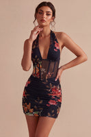 Laden Sie das Bild in den Galerie-Viewer, Schwarzes Neckholderhals-Floral-Transparentes Korsett, Bodycon Mini-Cocktailkleid