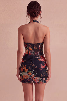 Schwarzes Neckholderhals-Floral-Transparentes Korsett, Bodycon Mini-Cocktailkleid