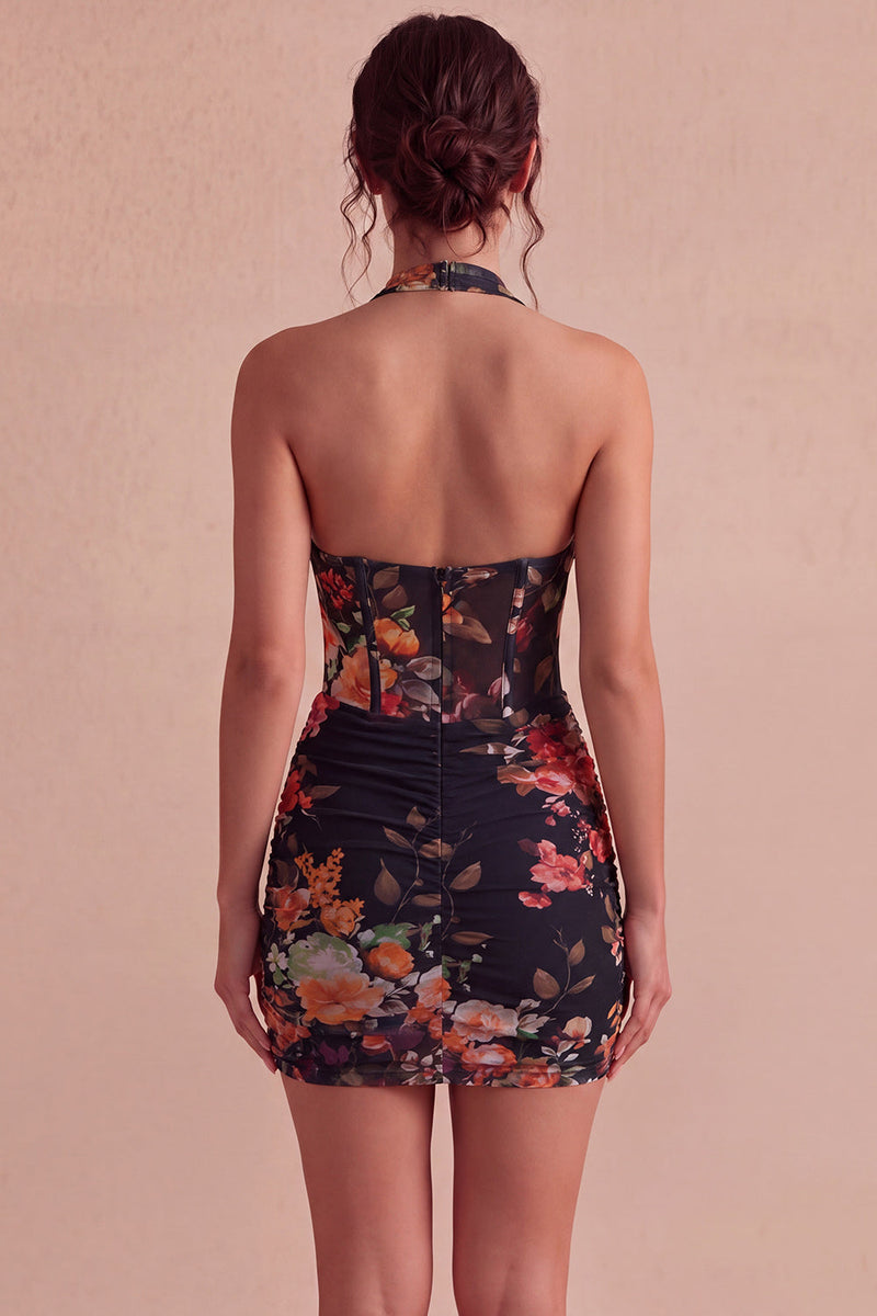 Laden Sie das Bild in den Galerie-Viewer, Schwarzes Neckholderhals-Floral-Transparentes Korsett, Bodycon Mini-Cocktailkleid