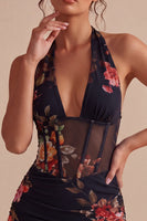 Laden Sie das Bild in den Galerie-Viewer, Schwarzes Neckholderhals-Floral-Transparentes Korsett, Bodycon Mini-Cocktailkleid