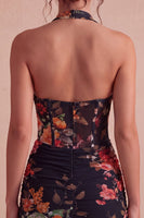 Laden Sie das Bild in den Galerie-Viewer, Schwarzes Neckholderhals-Floral-Transparentes Korsett, Bodycon Mini-Cocktailkleid