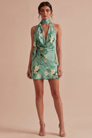 Laden Sie das Bild in den Galerie-Viewer, Hellgrünes Neckholderhals-Floral-Bodycon-Mini-Cocktailkleid