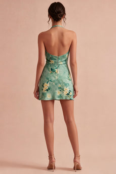 Hellgrünes Neckholderhals-Floral-Bodycon-Mini-Cocktailkleid