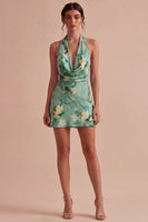 Laden Sie das Bild in den Galerie-Viewer, Hellgrünes Neckholderhals-Floral-Bodycon-Mini-Cocktailkleid