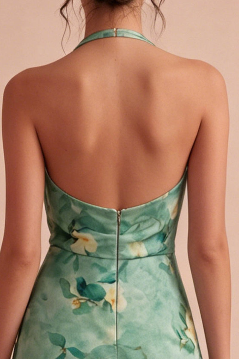 Laden Sie das Bild in den Galerie-Viewer, Hellgrünes Neckholderhals-Floral-Bodycon-Mini-Cocktailkleid
