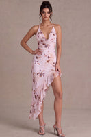 Laden Sie das Bild in den Galerie-Viewer, Pinkes Neckholderhals-Blumen-Asymmetrisches Cocktailkleid mit Rüschen