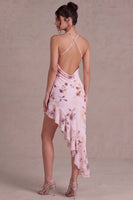 Laden Sie das Bild in den Galerie-Viewer, Pinkes Neckholderhals-Blumen-Asymmetrisches Cocktailkleid mit Rüschen