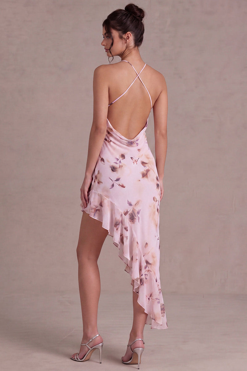 Laden Sie das Bild in den Galerie-Viewer, Pinkes Neckholderhals-Blumen-Asymmetrisches Cocktailkleid mit Rüschen
