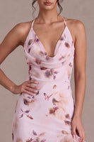 Laden Sie das Bild in den Galerie-Viewer, Pinkes Neckholderhals-Blumen-Asymmetrisches Cocktailkleid mit Rüschen