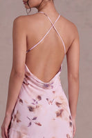 Laden Sie das Bild in den Galerie-Viewer, Pinkes Neckholderhals-Blumen-Asymmetrisches Cocktailkleid mit Rüschen