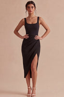 Laden Sie das Bild in den Galerie-Viewer, Schwarzer Bodycon Midi, geraffter Stoff mit dicken Trägern, formelles Kleid mit Schlitz