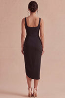 Laden Sie das Bild in den Galerie-Viewer, Schwarzer Bodycon Midi, geraffter Stoff mit dicken Trägern, formelles Kleid mit Schlitz