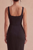 Laden Sie das Bild in den Galerie-Viewer, Schwarzer Bodycon Midi, geraffter Stoff mit dicken Trägern, formelles Kleid mit Schlitz