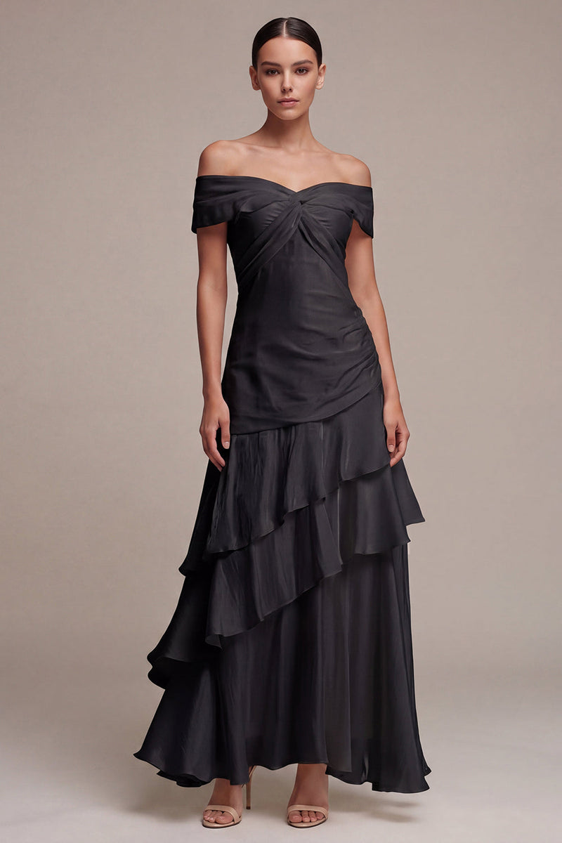 Laden Sie das Bild in den Galerie-Viewer, Off-the-shoulder A-Line langes Black-Tie-Kleid mit Rüschen