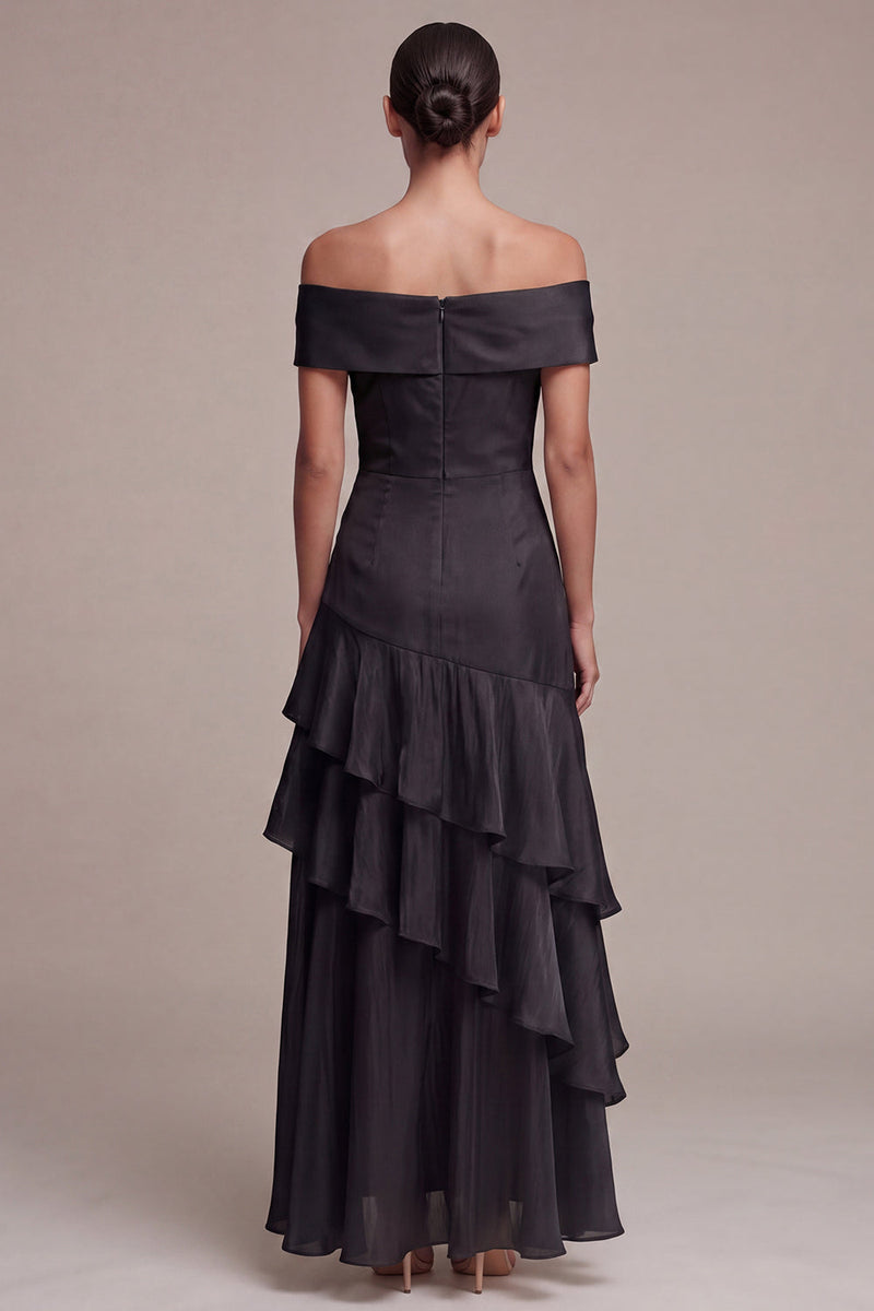 Laden Sie das Bild in den Galerie-Viewer, Off-the-shoulder A-Line langes Black-Tie-Kleid mit Rüschen