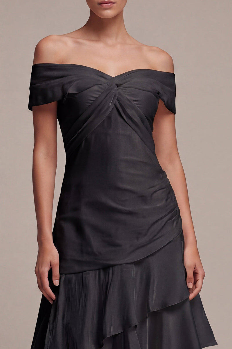 Laden Sie das Bild in den Galerie-Viewer, Off-the-shoulder A-Line langes Black-Tie-Kleid mit Rüschen