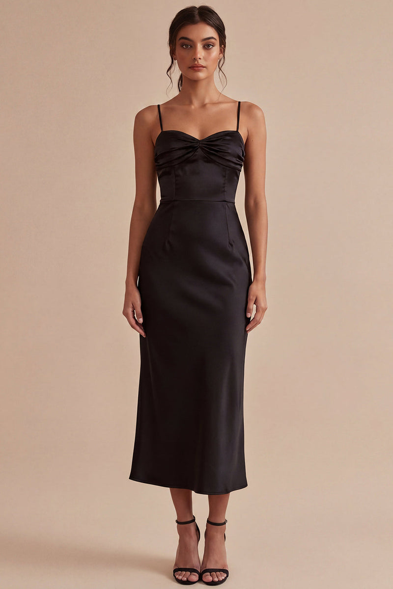 Laden Sie das Bild in den Galerie-Viewer, Spaghetti-Träger mit gerafftem Meerjungfrauen-Midi-Black-Tie-Kleid